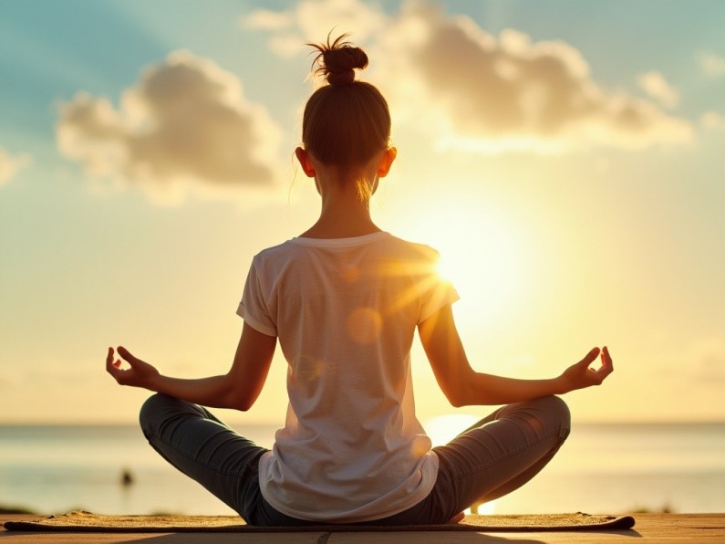 meditando en una playa al atardecer